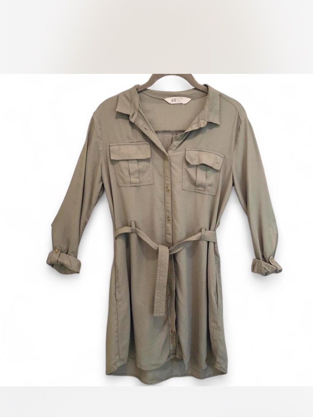 H&M Taupe Button-Up Shirt Dress with Waist Tie size M